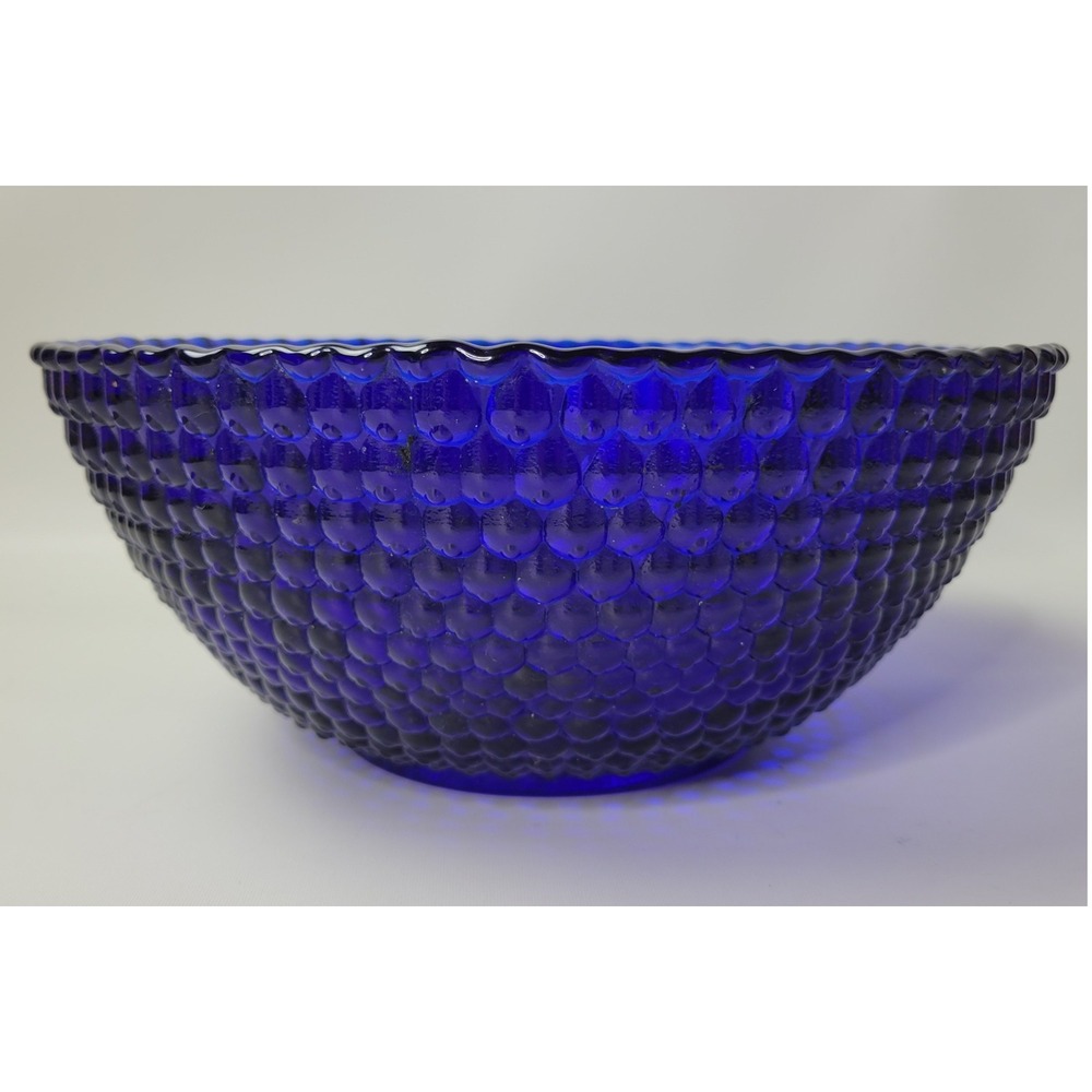 Vintage Cobalt Blue Hobnail Glass Bowl Scalloped Rim 12.25 Inch Centerpiece